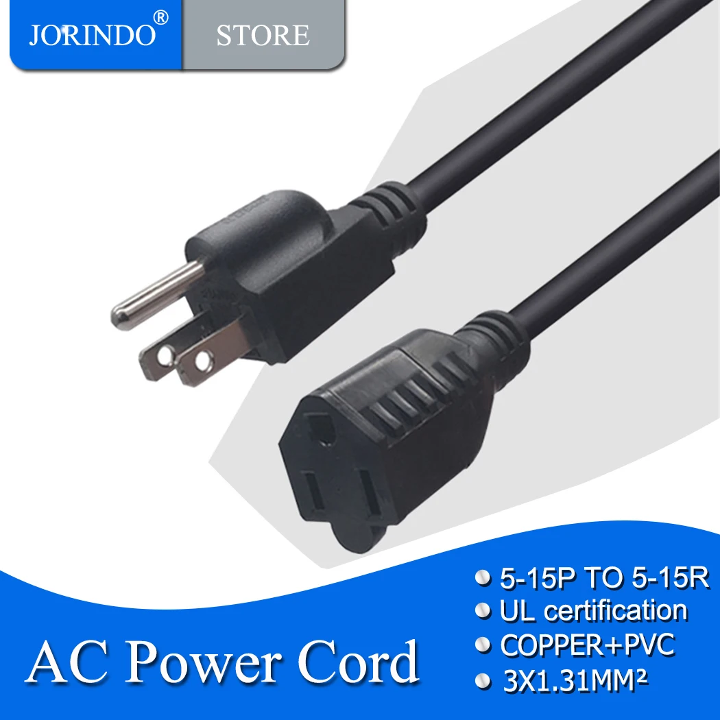 JORINDO USA 3-pin Male to female with UL Certified Power extension  cable 3m/9.8ft, Nema 5-15P to 5-15R adapter