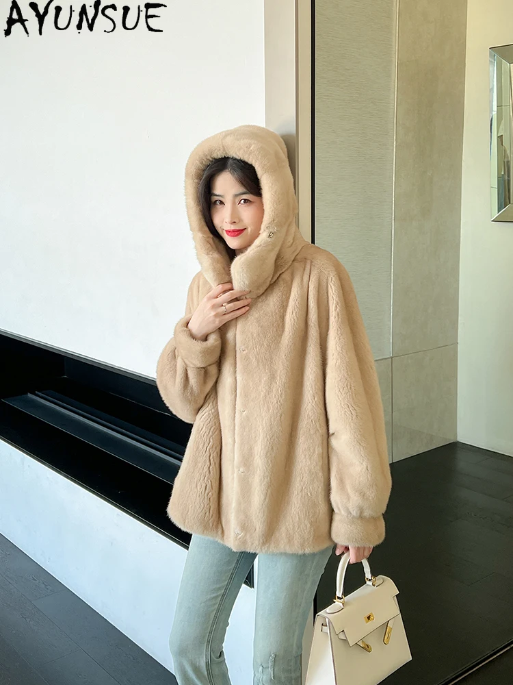 

AYUNSUE натуральная бархатная норковая куртка женская с капюшоном роскошная зимняя куртка из цельной норки для женской одежды высокого качества Шуба Женская