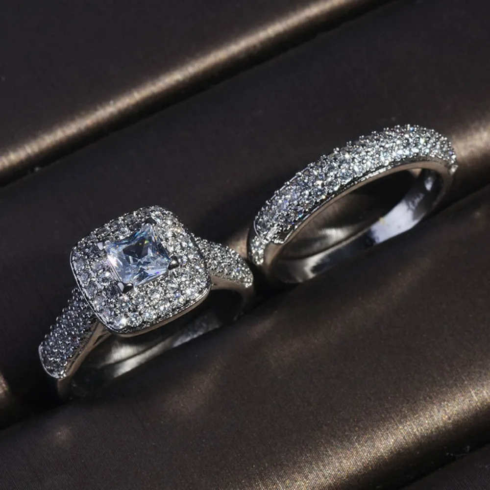 2pcs Elegant Double-layer Ladies Luxury Ring Set Diamond Silver Stackable Finger Rings Wedding Preferred Jewelry Girl