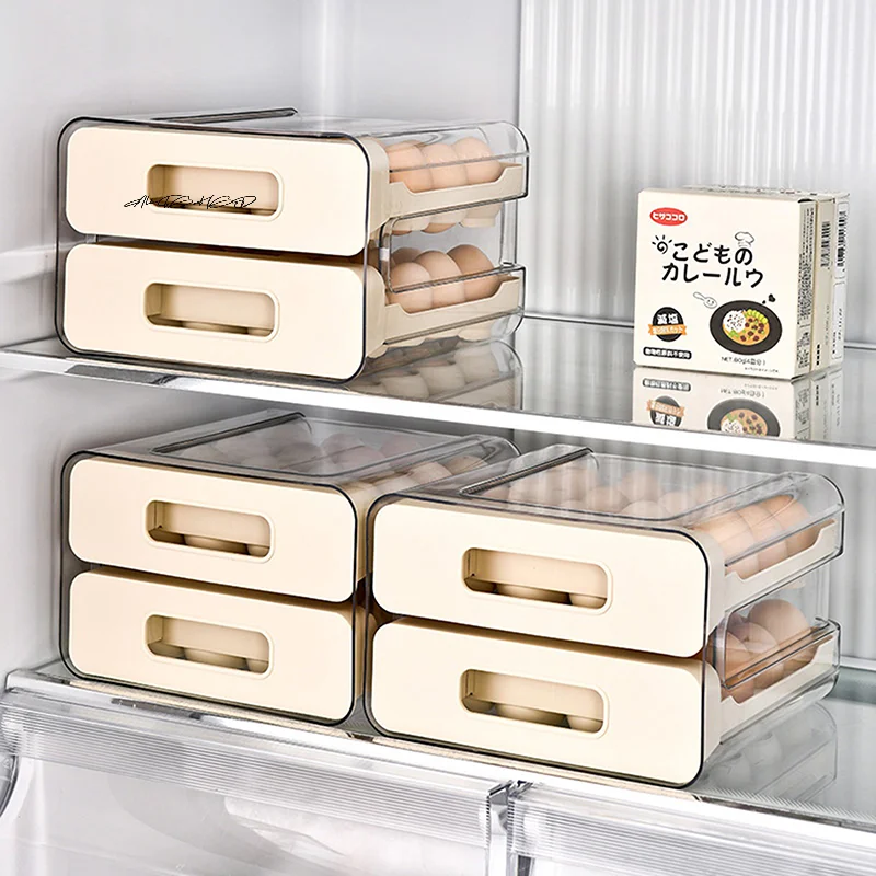 2-Layer Stackable Refrigerator Egg Organizer Clear Plastic Egg Holder Drawer Type Storage Box for Kitchen Organization