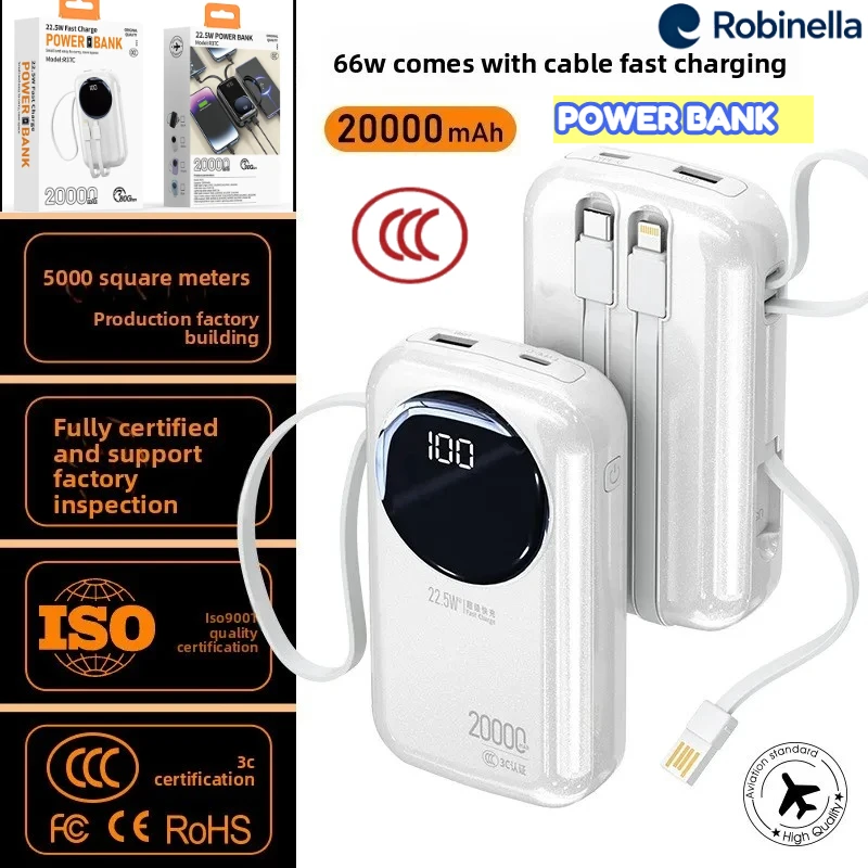 

Новинка 2025 года, 20000 мАч/74 Втч, сертифицированный 3C встроенными кабелями, мини-банк питания со шнурком, 22,5 Вт, портативный портативный сверхбыстрый заряд