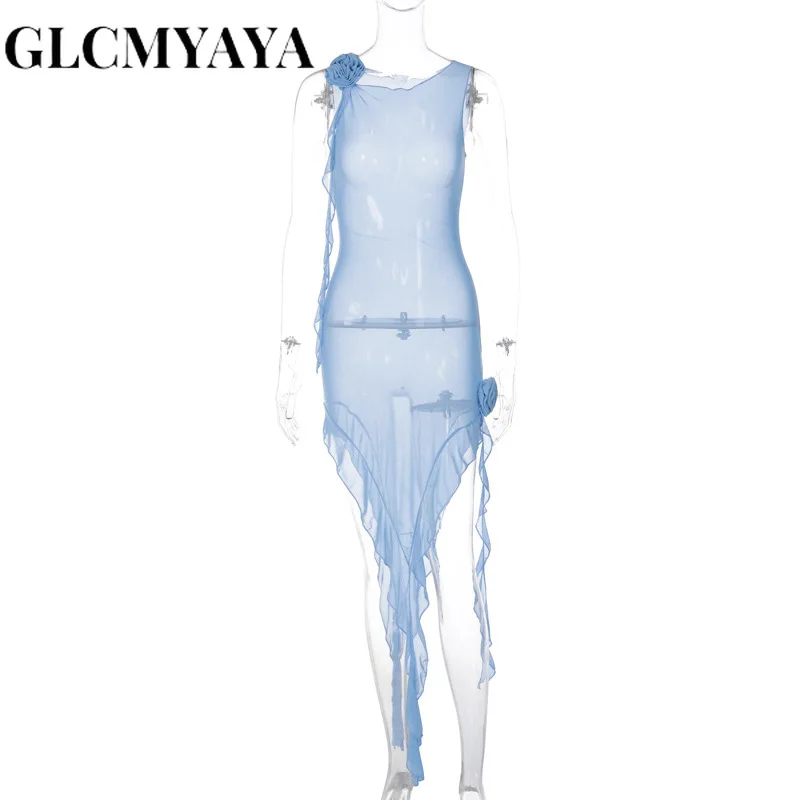 GLCMYAYA Women Three-dimensional Decoration Floral Sheer Mesh See Asymmetrical Dress 2023 Spliced Edible Tree Fungus Dresses