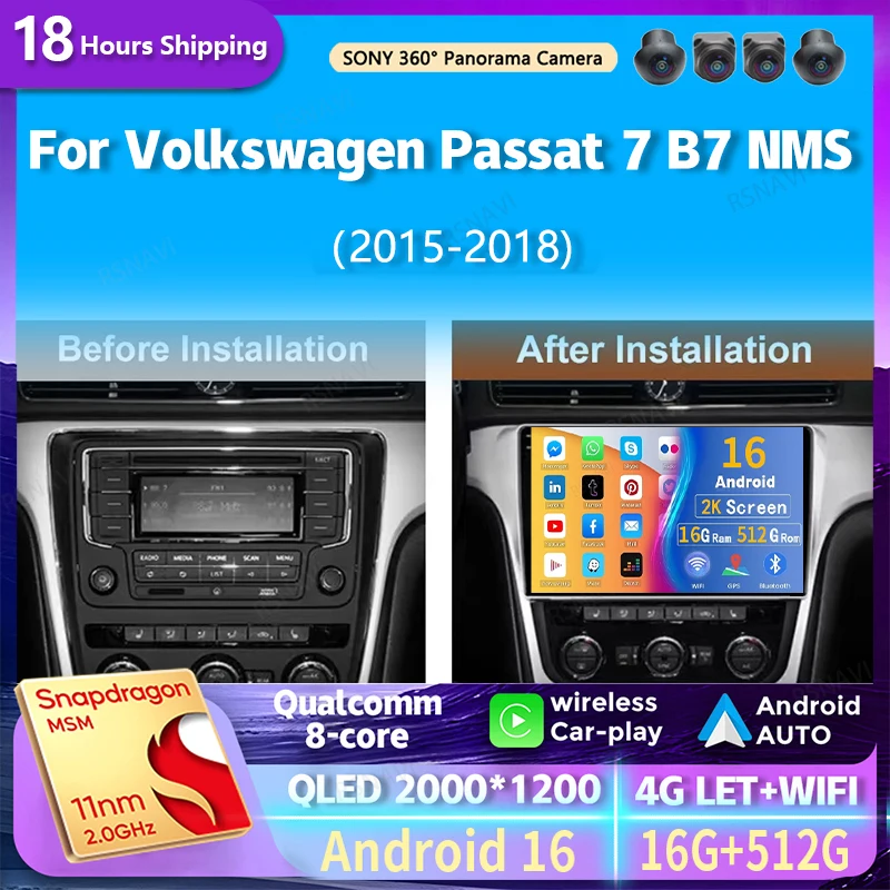 Android 16 wifi+4G Carplay Car Radio For Volkswagen Passat 7 B7 NMS 2015 - 2018 Navigation GPS Multimedia Video Player Stereo BT