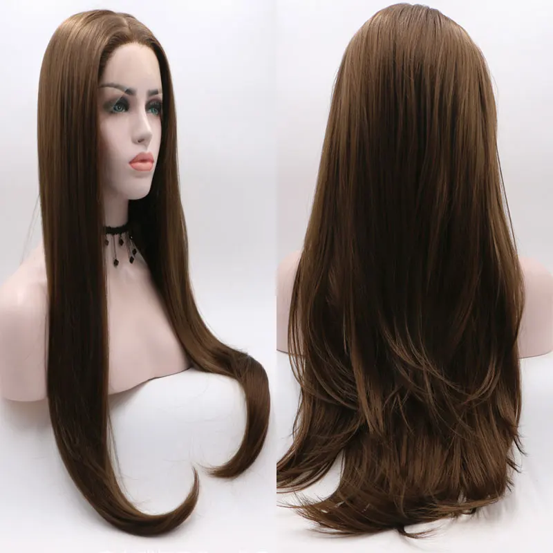 Brown Straight Synthetic 13x4 Lace Front Wigs Glueless High Quality Heat Resistant Fiber Natural Hairline Free Parting For Women