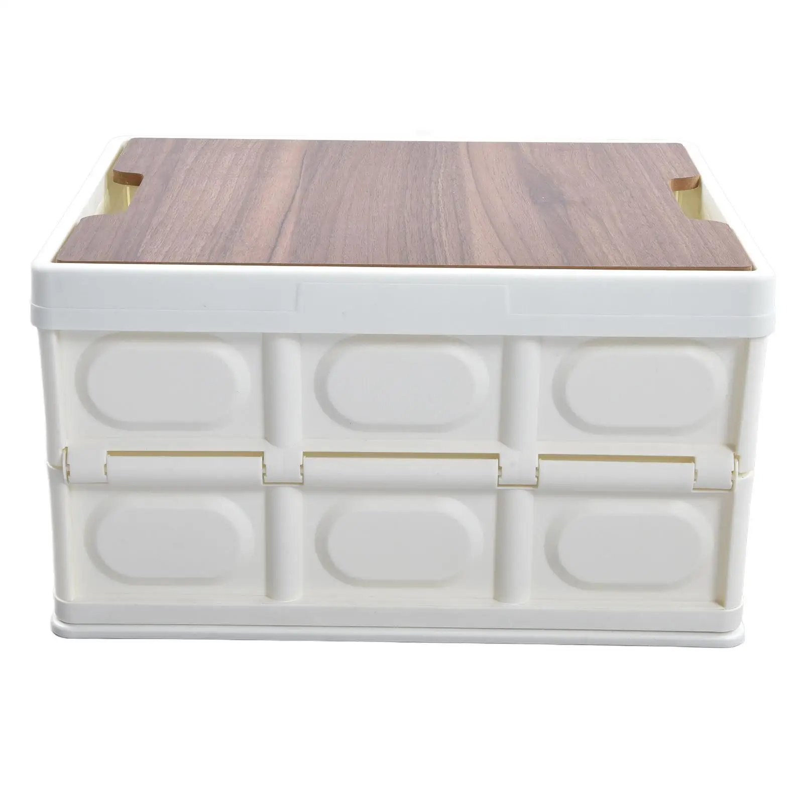 Foldable Plastic Storage Box with Wooden Lid - Waterproof Utility Crate for groceries Organization