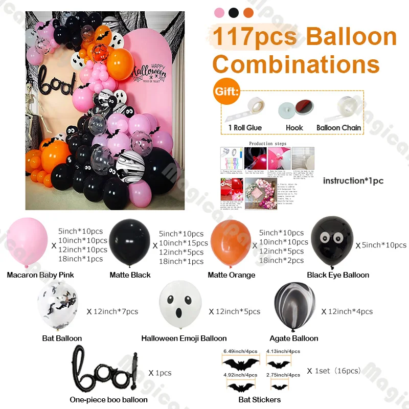 117pcs Day of the Dead Party Background Decoration Pink and Black Balloon Combo Set Halloween Decoration Supplies Bat Stickers