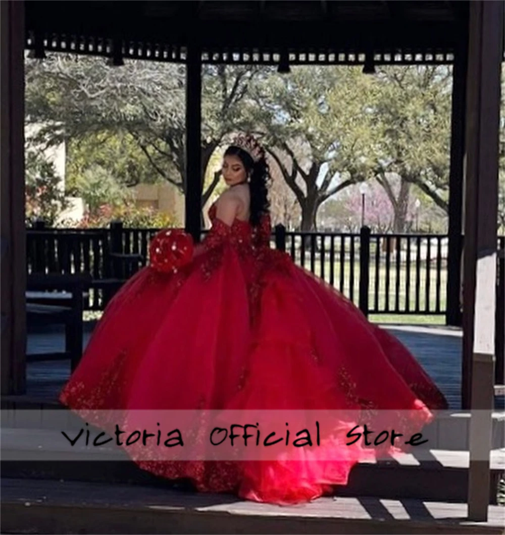 Princess Red Ruffles Sequined Appliques Ball Gown Quinceanera Dresses 2024 With Half Sleeves Mexican Sweet 15 16 Dress vestidos