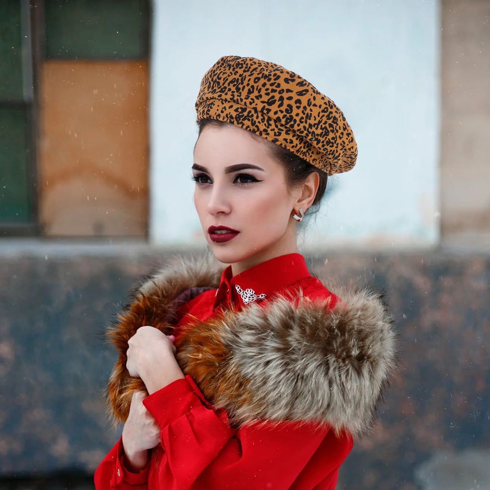 

French Style Beret Hat Leopard Print Women Artist Winter Warm Polyester Suitable Dresses Sweaters Coats Prevent Hair