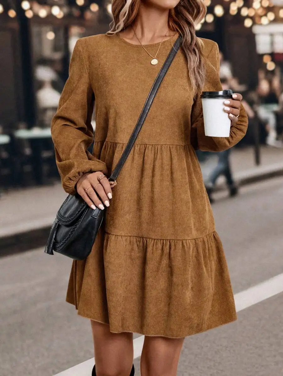 

Women's Corduroy Long Sleeve Tiered Dress, Loose Fit, Autumn Casual Style