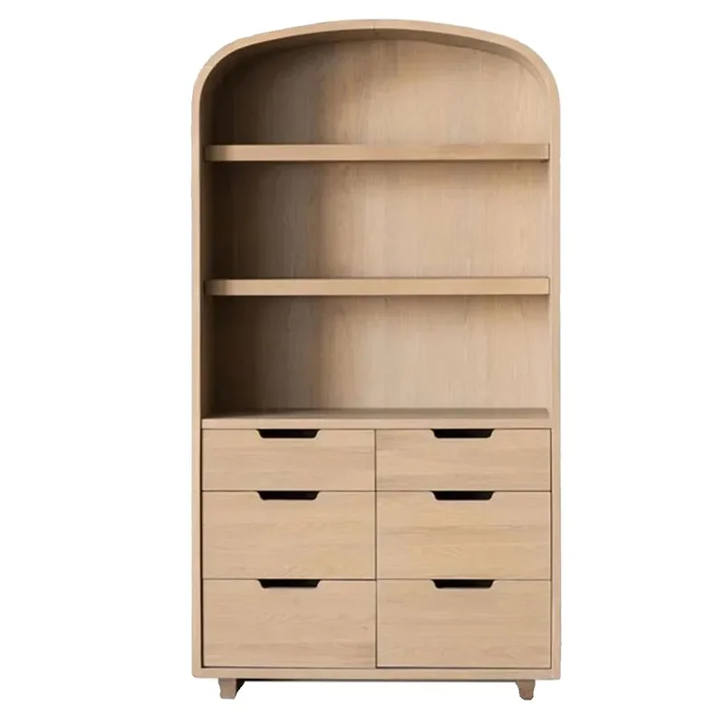 Solid Wood Arched Bookcase with Drawers French Retro Open Storage Cabinet for Living Room American Light Luxury Decor