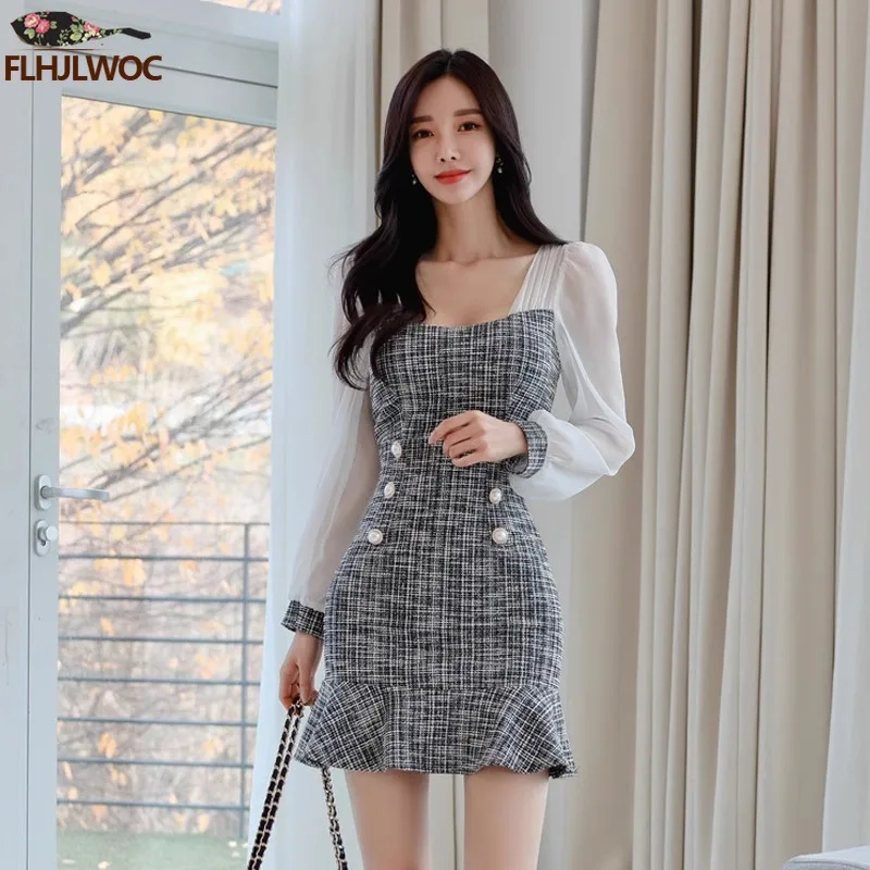 Office Lady Shirt Dresses Double-Breasted Button New Year 2024 Women Chic Fashion Korea Design Patchwork Ruffles Mini Dress