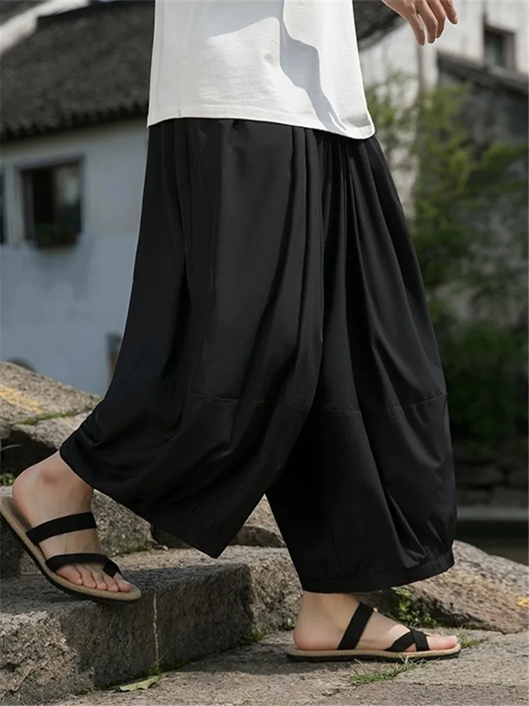 

Мужские летние тонкие брюки из ледяного шелка с широкими штанинами, свободного кроя, повседневные, прямые, укороченные, модные, с эластичным поясом