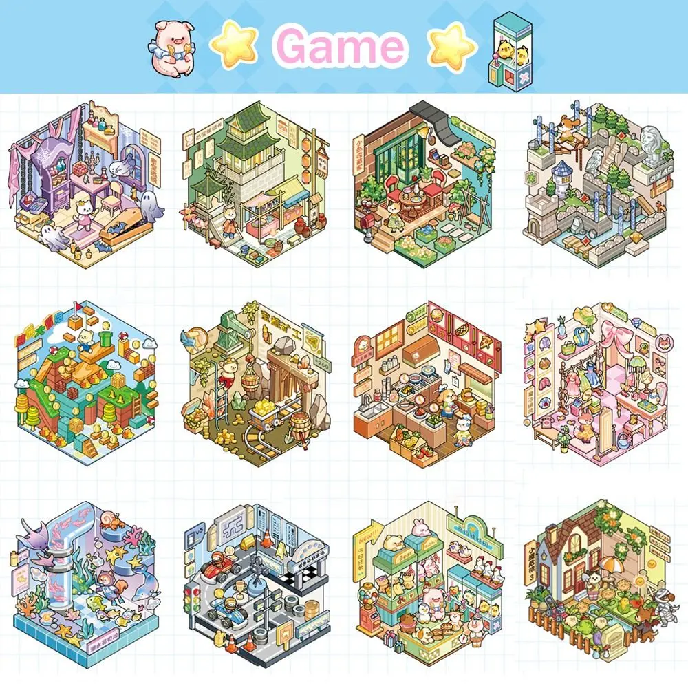 Fun PET Die-Cut Scene Sticker Decompression Visual Stacking Miniature Scenery Collection Volume Game Stickers Miniature Display