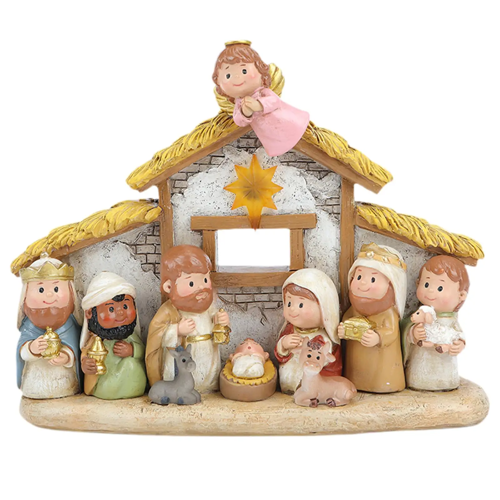 Cartoon Miniatur religiöses Harz Weihnachtskrippe Set Ornament mit Licht
