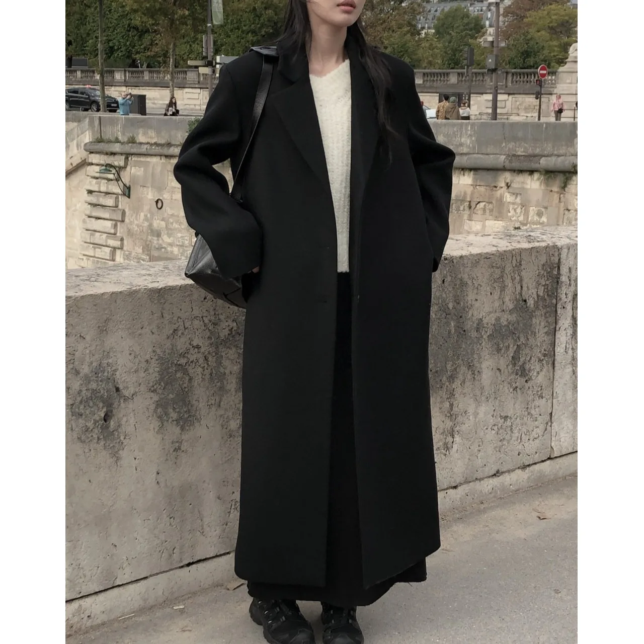 

Ele Long Woolen Coat for Women Single Button Lazy Sle Autumn Winter Vintage Chic Commute Loose Fit Chinese Brand