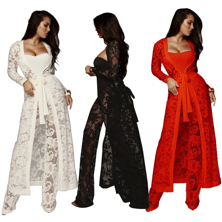 Spring Women's Clothing Sexy Outfits Lace Wide Leg Pants Set For Woman Polyester Long Sleeve Matching Sets Casual Wear Set