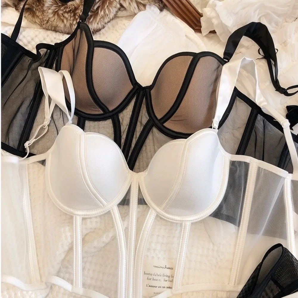 Push Up Mesh Fishbone Corset Sleeveless Transparent Slim Crop Top Lingerie Waist Tight Suspender Vest Bra Madam