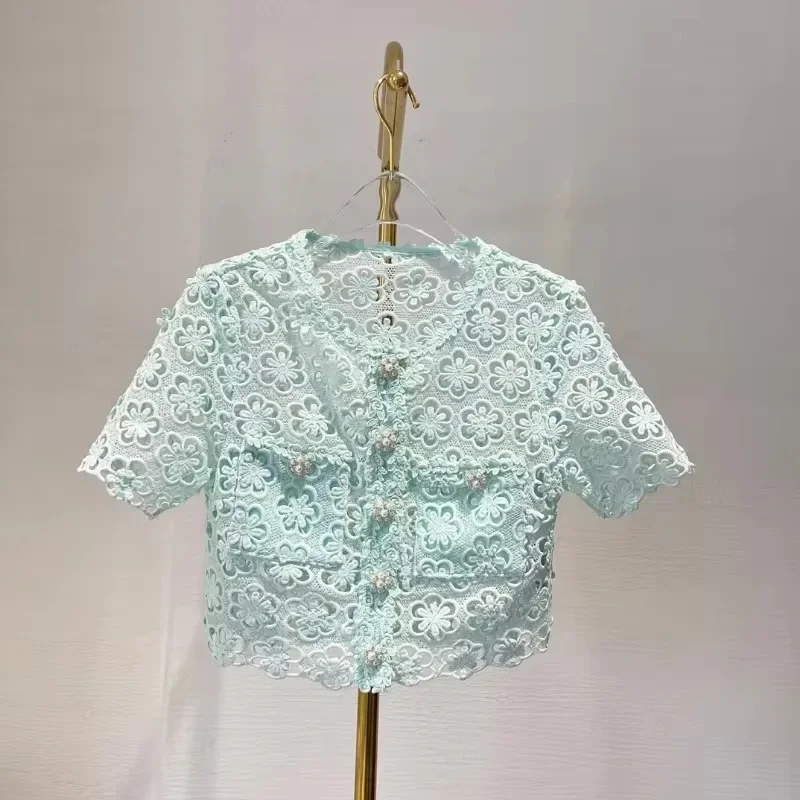 High Quality Women Two Piece Set 2024 Summer Mint Green Lace Suit Patchwork Floral Hollow Out Women Tops and Mini Skirt Set