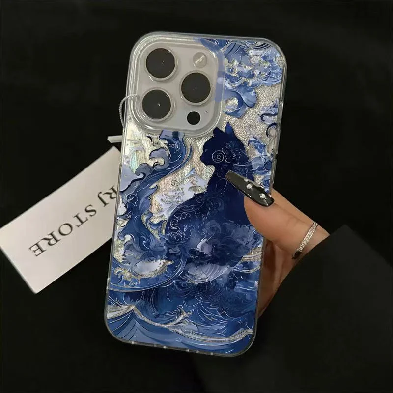 เคสโทรศัพท์ลายแมวโทเท็มสีน้ำเงินสำหรับ Oppo Reno13 Reno12 Reno11 Reno10 Reno8 Reno7 Reno6 Z T Pro 4G 5G  ฝาหลังลายขนนก