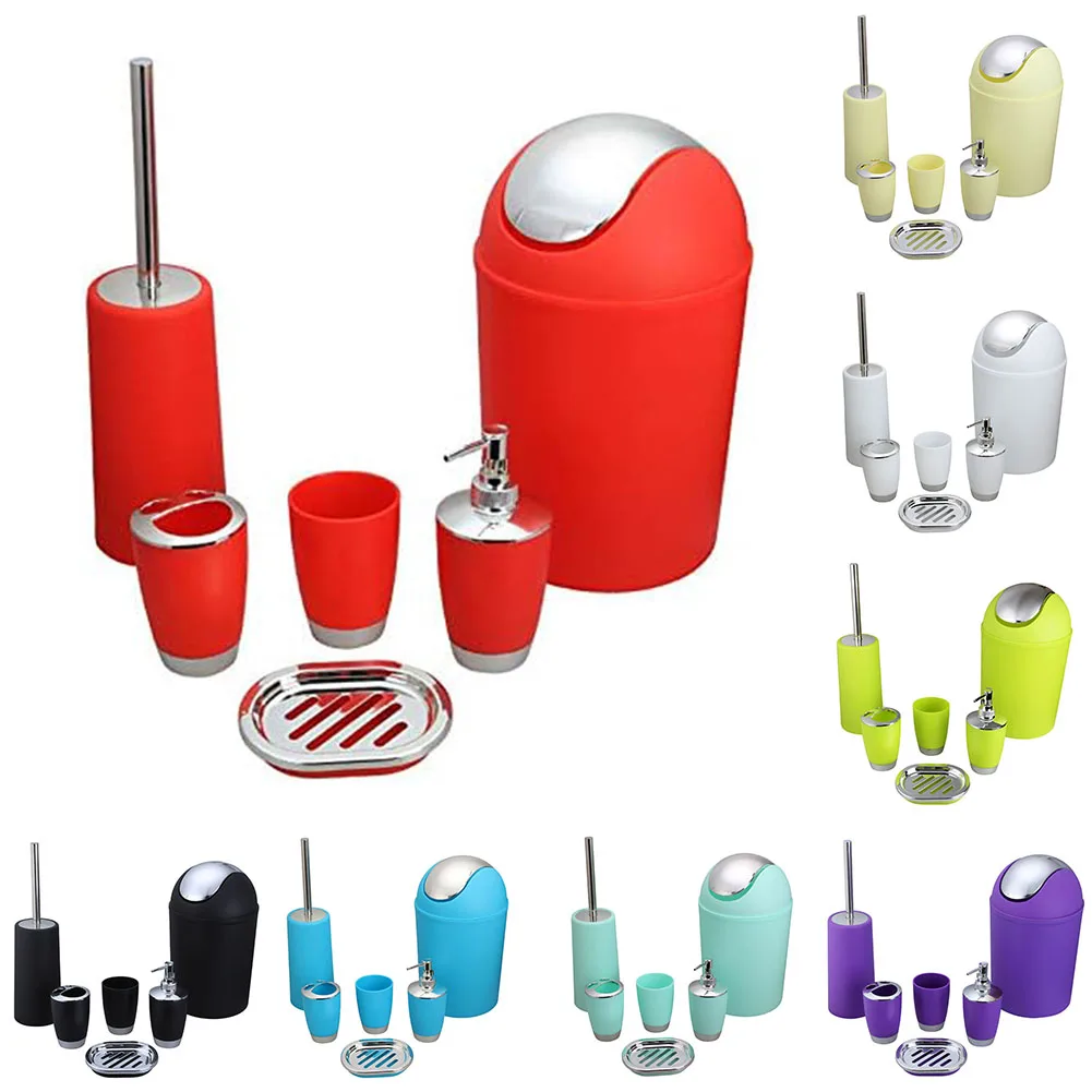 6pcs/set Plastic Space-Saving Toothbrush Holder Cup Bathroom Set Soap Dispenser Dish Trash Can Toilet Brush Bathroom Part