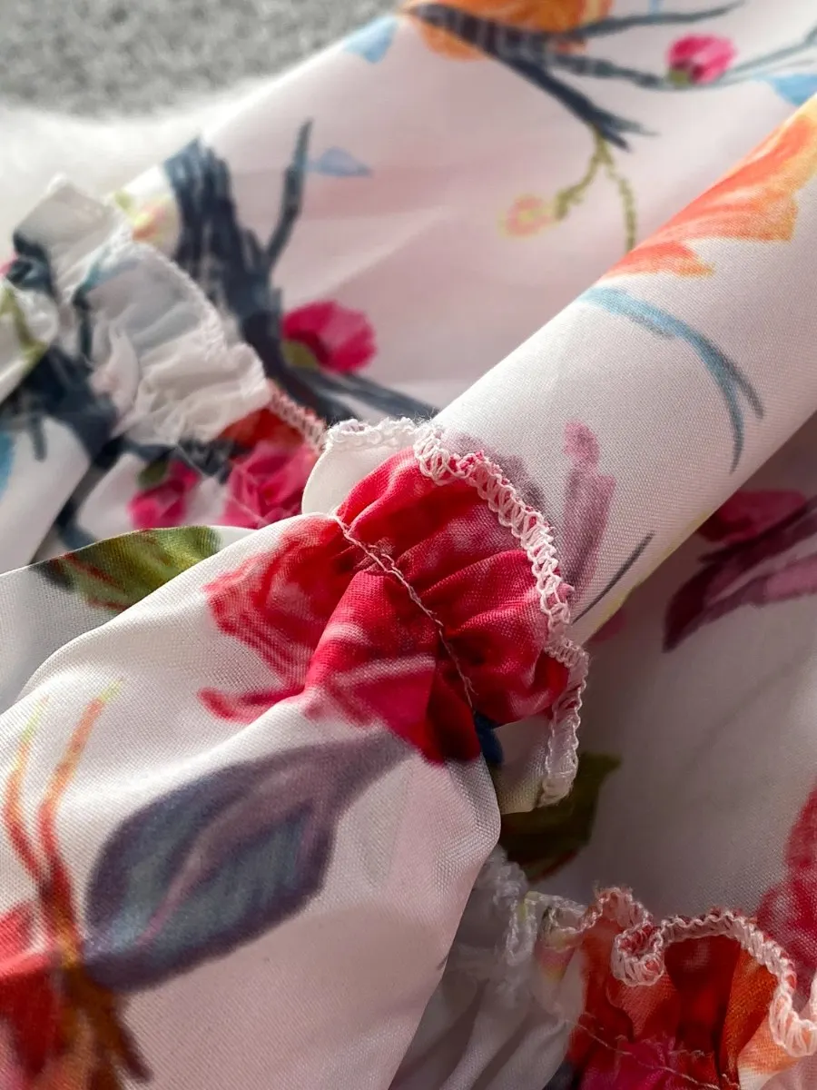 Foamlina elegante fora do ombro flor impressão maxi vestido feminino verão retro romântico cintura cinched emagrecimento plissado em camadas vestido