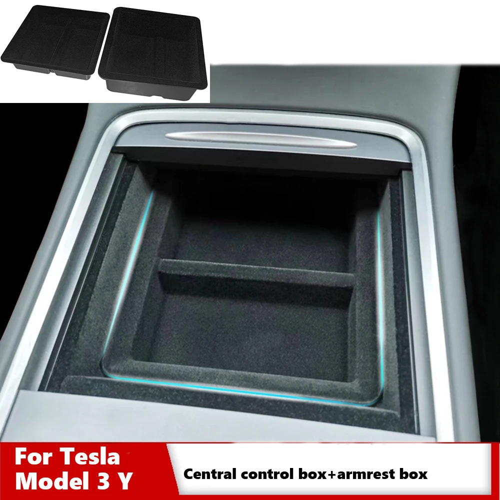 Car Central Storage Box For Tesla Model 3 2021-23 Model Y Organizer Container Flocking Storage Case Holder Car Interior