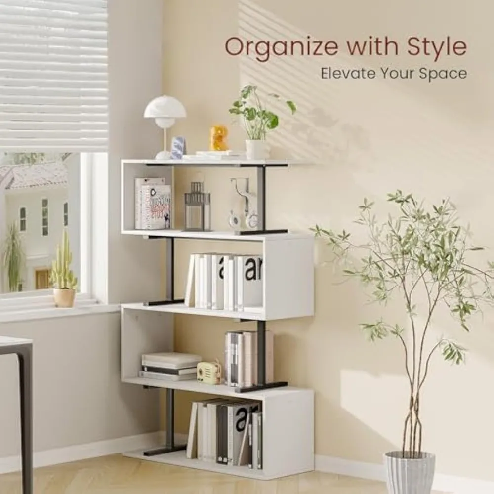 رف كتب من 5 طبقات، خزانة كتب طويلة ذات سعة كبيرة، رف تخزين متعدد الوظائف للكتب والديكور والنباتات، متين وأنيق