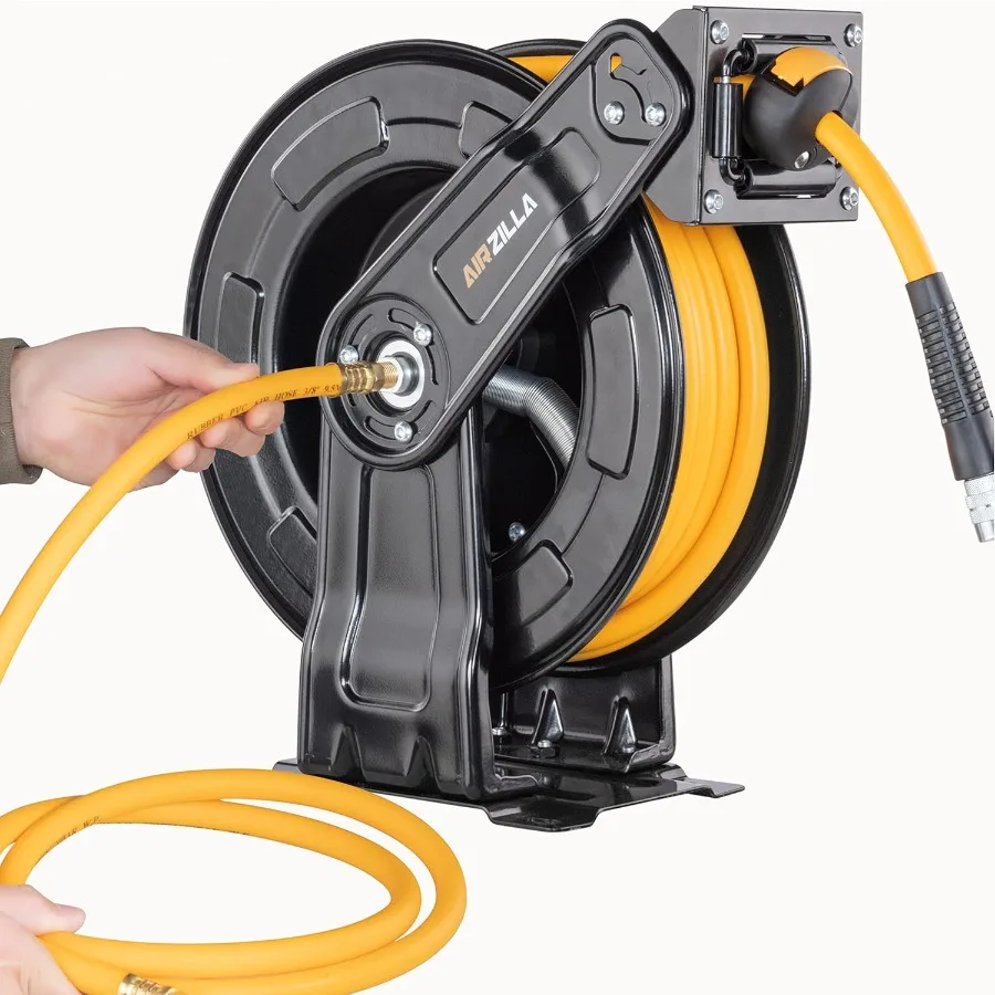 Heavy duty steel retractable air hose reel with dual arm featuring 3 8 inch x 50 feet hybrid polymer hose auto rewind function