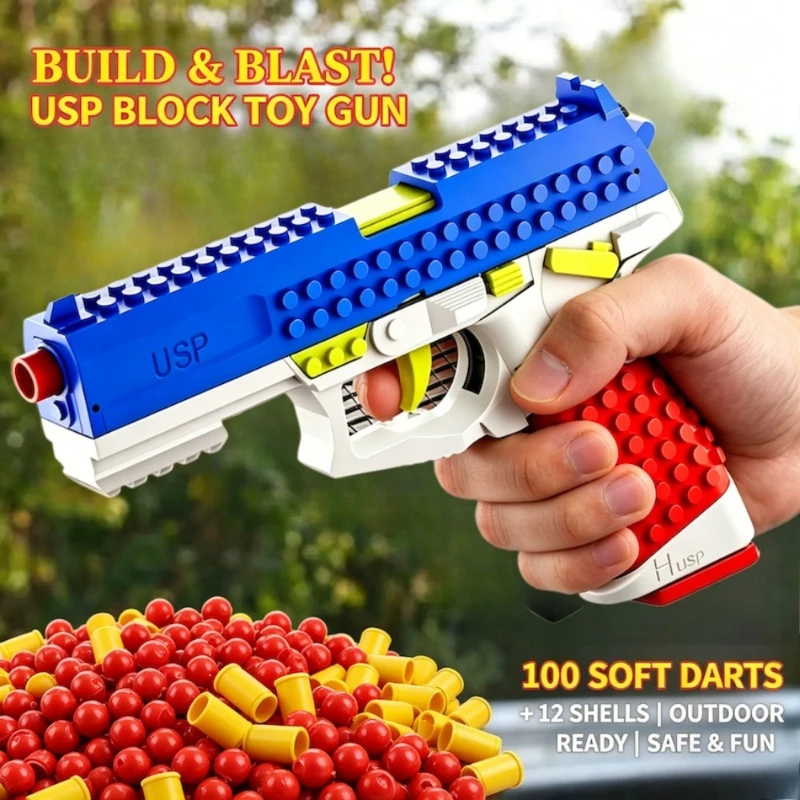 USP Building Blocks Toy Pistol DIY Assemble Educational Model Ejecting Shell Soft Bullet Toy Gun Multi Shot Creative Bricks