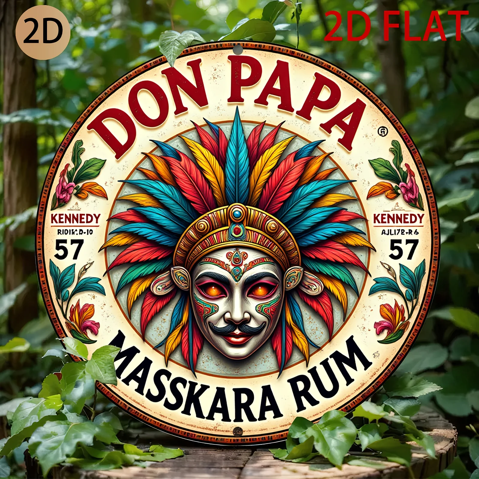 Vintage Don Papa Masskara Rum Metallwandkunstschild – Retro-Karibik-Rum-Logo mit Maskerademaskendesign, farbenfrohes tropisches Karneval