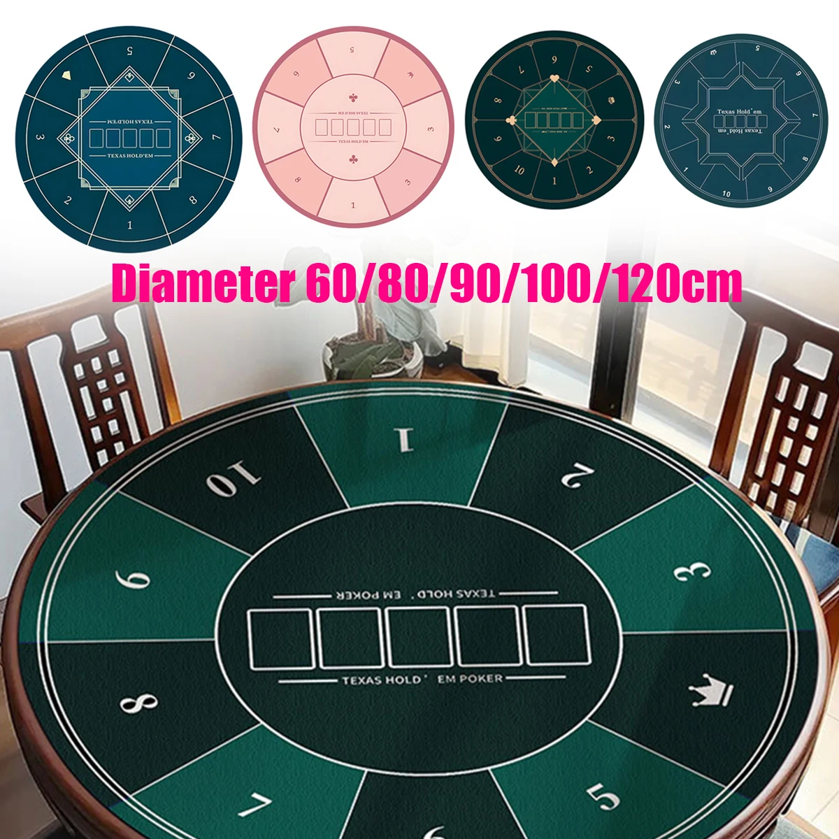 

Round Texas Hold'em Poker Baccarat Game Table Mat Multiple Sizes Available Silent Non-slip Tablecloth For Casino Entertainment