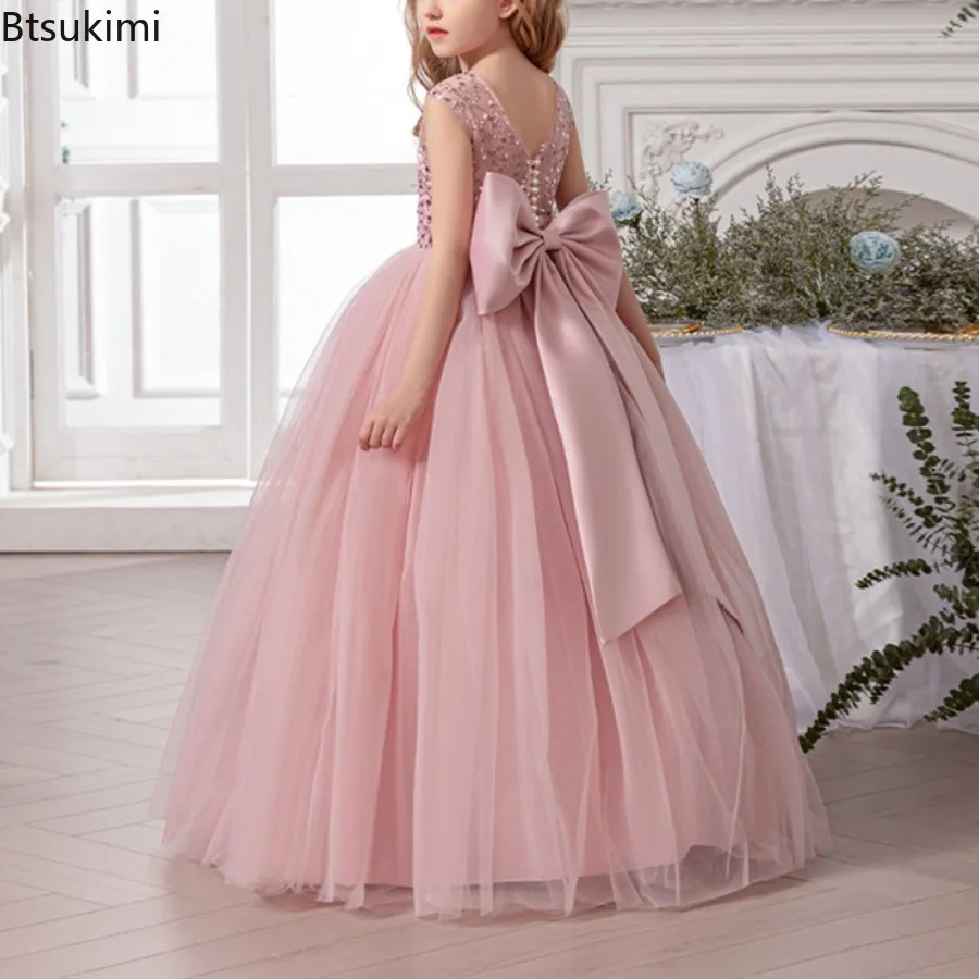 Girls Party Dresses Long White Bridesmaid Dresses Wedding Prom Gown Big Bow Girls Party Dress Kids First Communion Formal Gown