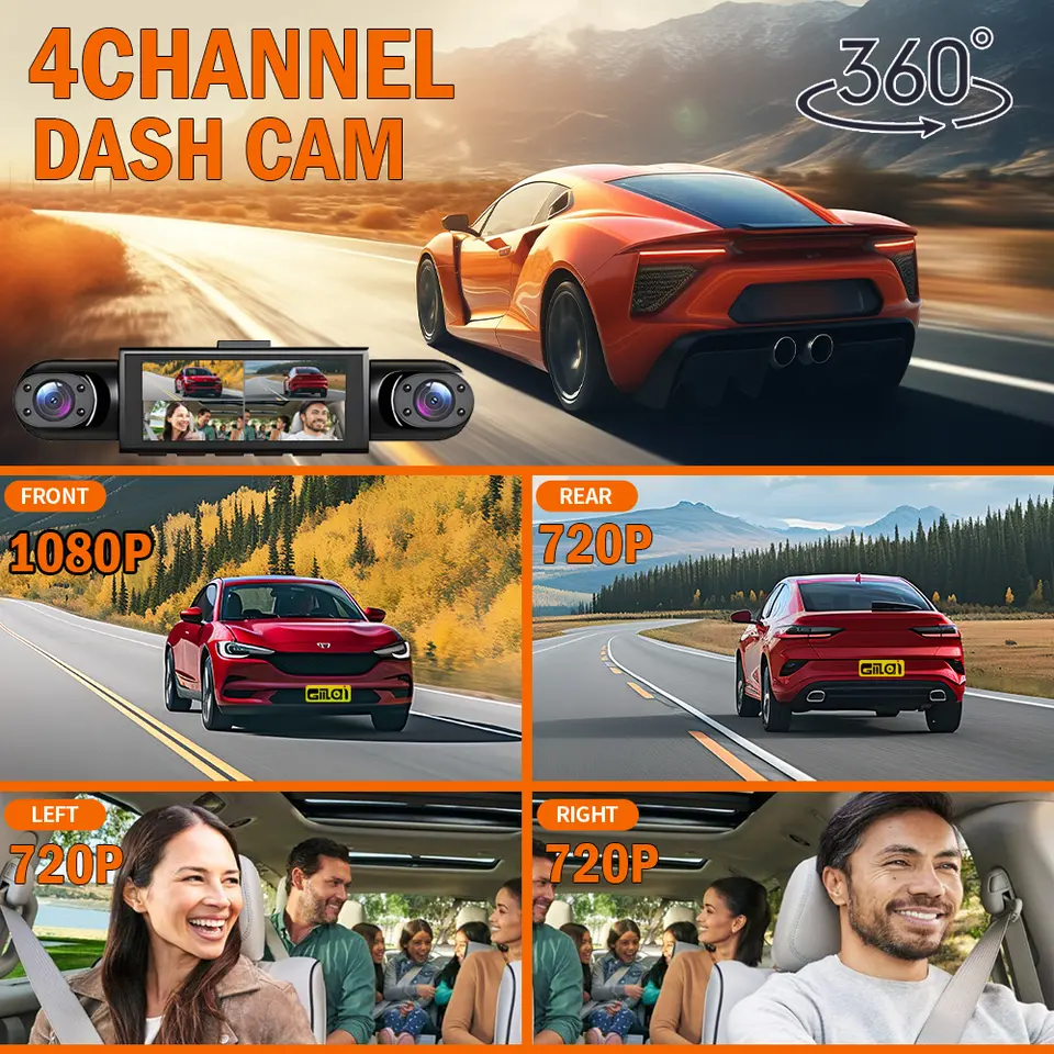 كاميرا داش 4 قنوات بدقة 360 درجة، مسجل فيديو للسيارة مع رؤية ليلية 24/7، شاشة ركن السيارة، مستشعر G، وتسجيل حلقي - 2