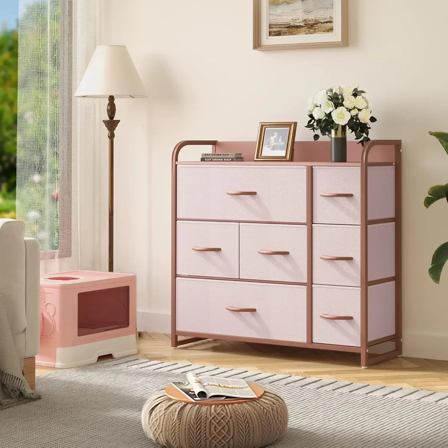 Dresser with 7 Drawers - Fabric Storage Tower, Organizer Unit for Bedroom, Living Room, Hallway, Closets(Pink and Rose Gold)