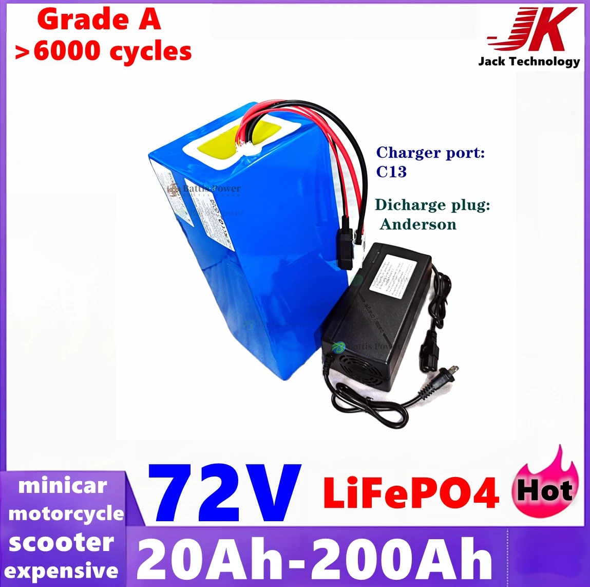 JK 72V 40Ah 20Ah 30Ah 50Ah 60Ah 80Ah 100Ah 120Ah 150Ah 200Ah Lifepo4 lithium battery with BMS for 72V 2KW 3KW 5KW Motor minicar