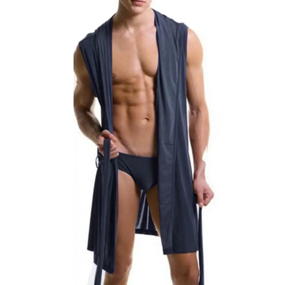 Albornoz con capucha de Color sólido para Hombre, ropa de dormir sin mangas agradable a la piel, pijama Sexy, vestido de verano con capucha para