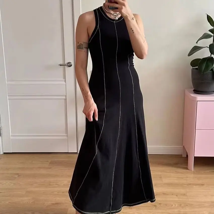 Ribbed Knit Women Midi Dress Round Neck Sleeveless Contrast Stitch Trim Slim A Line Flare Summer Dress