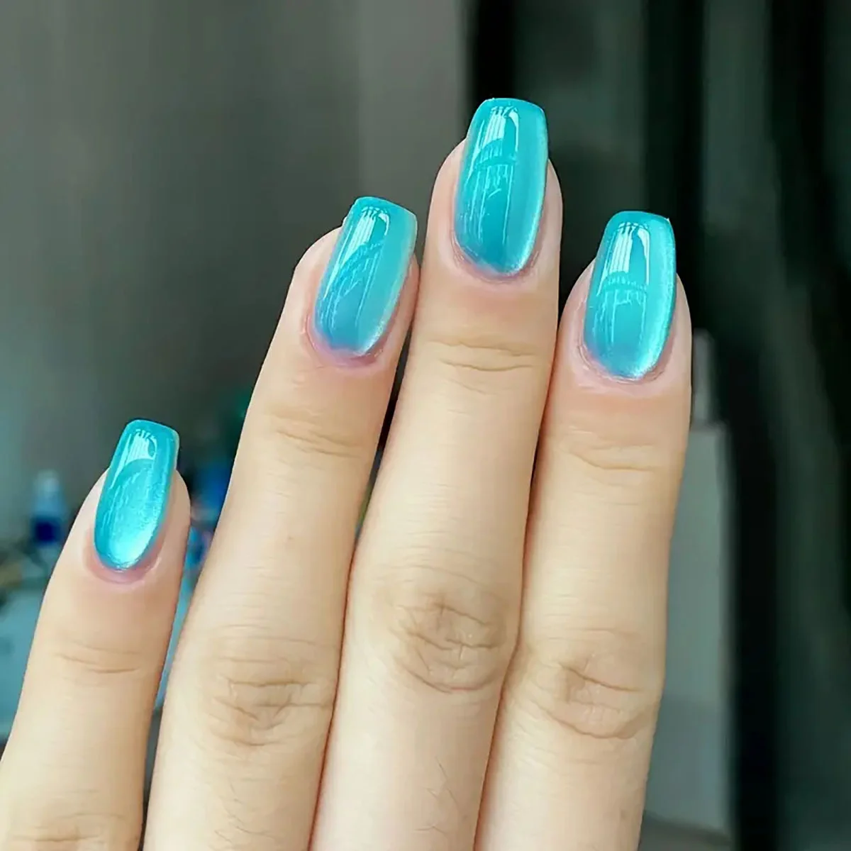 24 Stück Mintblau, glänzend, Katzenauge, künstliche Nägel, Satin, hellrosa/blau, kurz, quadratisch, Katzenauge, zum Aufdrücken der Nägel, vollständige Abdeckung, Fasle Nails