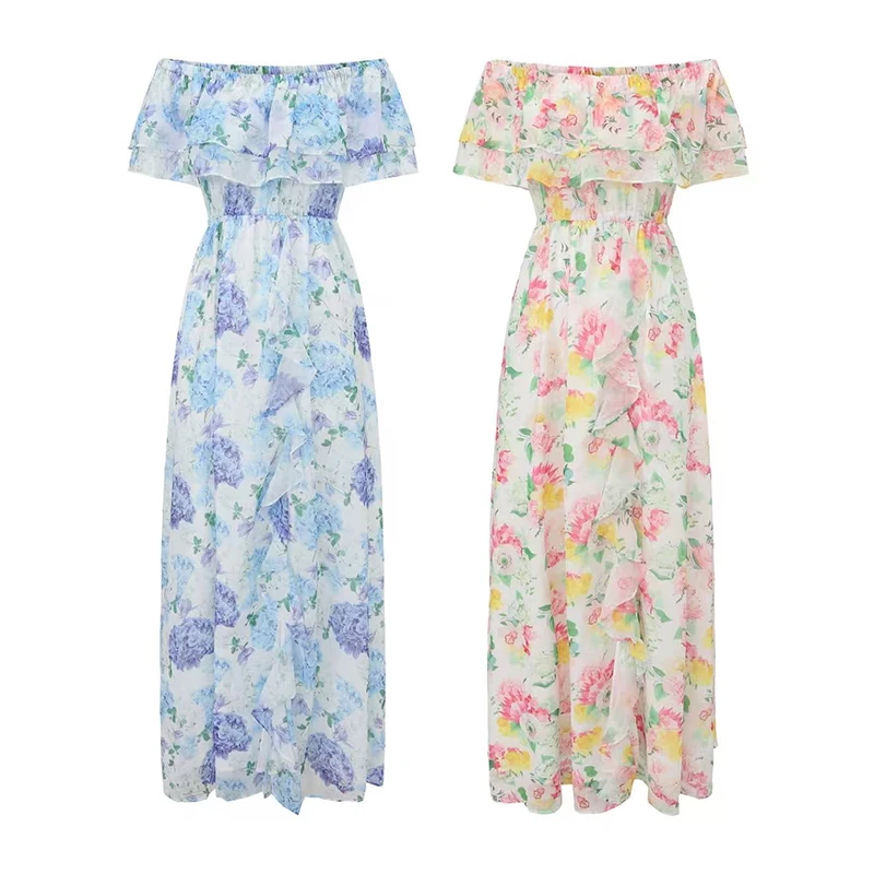 

Elegant Spring 2026 Long Chiffon Dress with Bell Sleeves Empire Waist A-Line Skirt Slit for Women Party Wear Polyester Fiber
