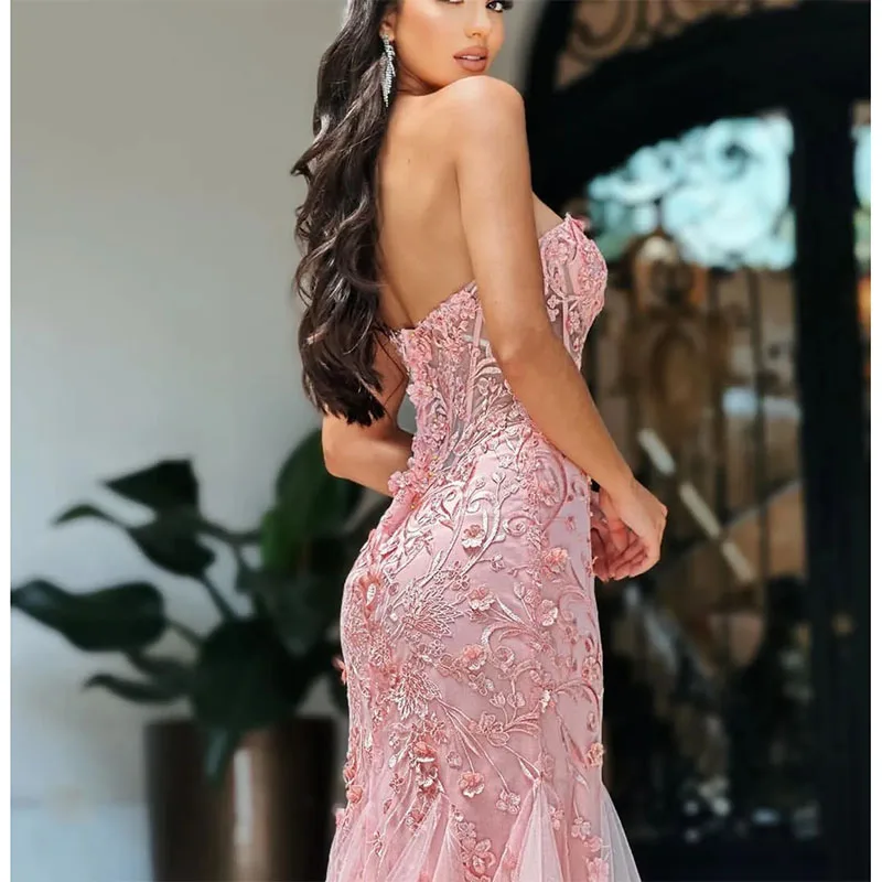 Vestidos de graduación de sirena rosa, apliques sin tirantes, lentejuelas, cuentas, longitud hasta el suelo, encaje 3D, flores, volantes, vestido de noche, vestidos de novia