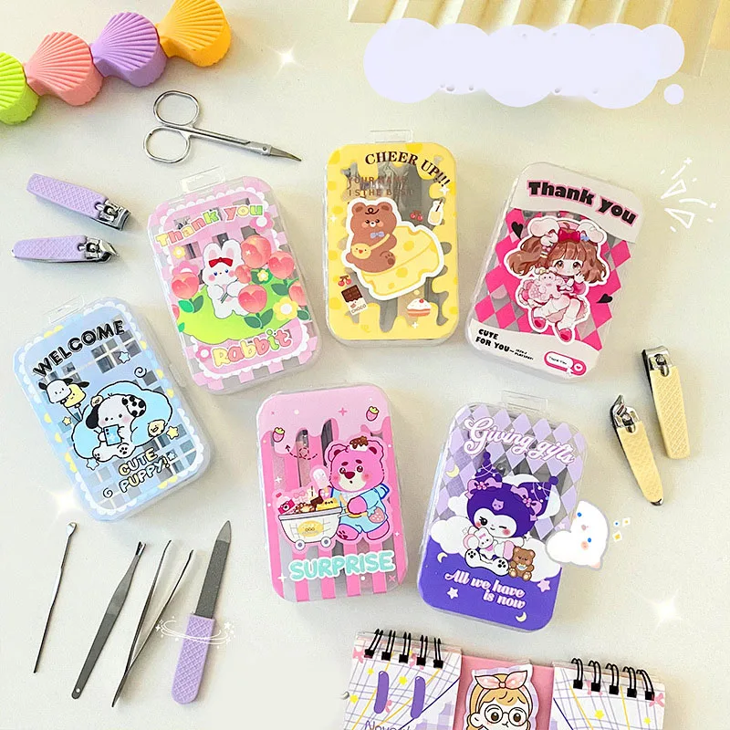 7Pcs Kawaii Sanrio Hellokittys Kuromi Nail Clipper Set Cartoon Anime Stainless Steel Nail Art Tool Accessories Kids Girls Gift