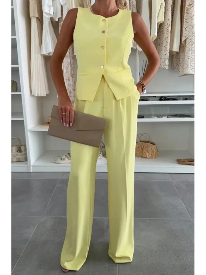 

Fashion Solid Color Button Pocket Women Vest Long Pants 2piece Set Single Breasted Office Summer Vest Suit Long Pants Set Female