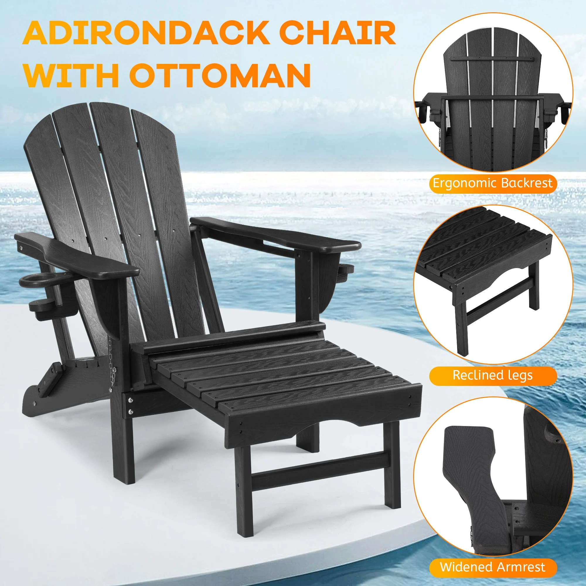 

New Foldable Camping Chair Deck Chair Sun Beach Lounger 120x91cm Folding Adirondack Chair with 2 Cup Holder and Ottoman