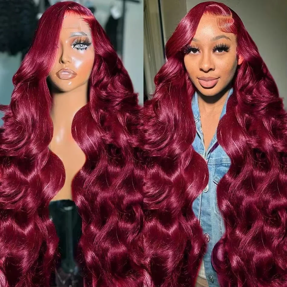 99j 200 Density Body Wave Wig Burgundy 13x4 13x6 HD Transparent Lace Front Wig 100% Human Hair For Women 30 36 Inch