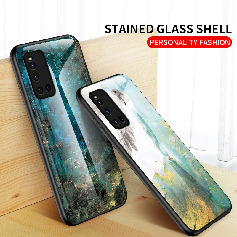 For Vivo V19 VivoV19 Case Shockproof Marble Grain Tempered Glass Hard Cover Back Phone Case Silicone Bumper for Vivo V19 VivoV19