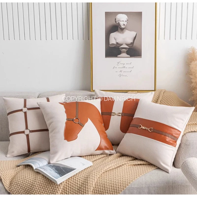 DAVINRICH Designer Horse Head Patched Pillow Cover Man Cave Decoration Throw Cushion Case Motif Pillowcase For Couch Sofa Square
