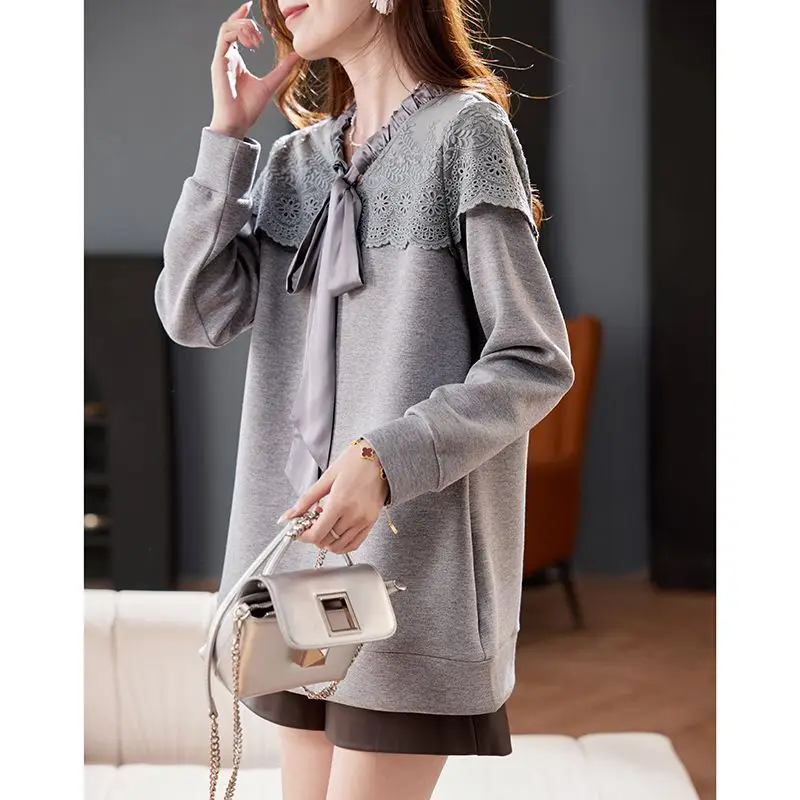 Spring Autumn New Solid Color V-neck Long Sleeve Fashion Sweatshirts Women High Street Embroidered Patchwork All-match Pullovers