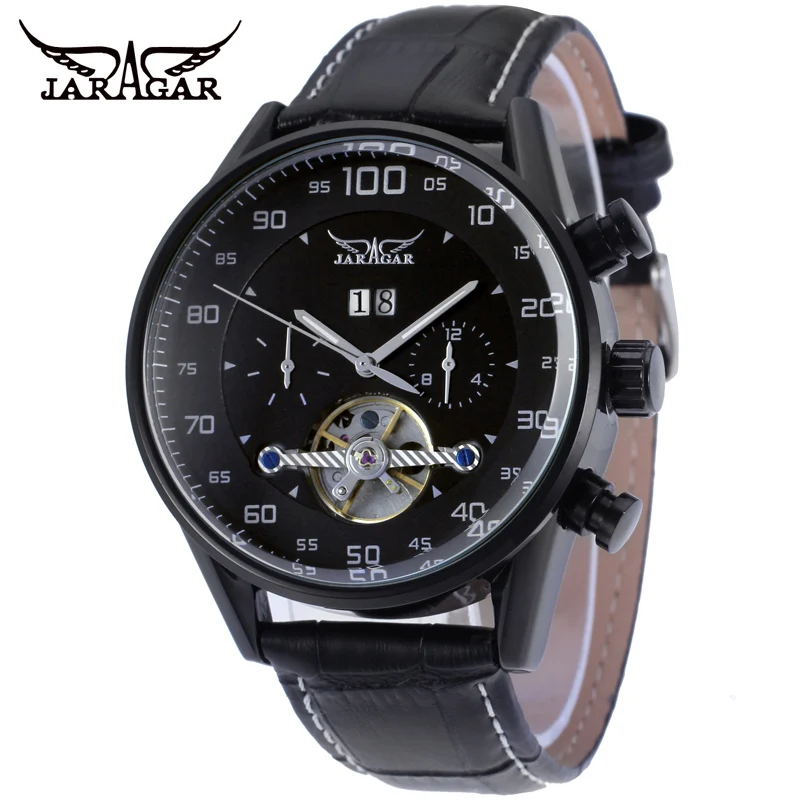 

Fashion Jaragar Top Brand Men's Watch Simple Flywheel Double Ring Mechanical Movement Calendar Tourbillon Leather Watches