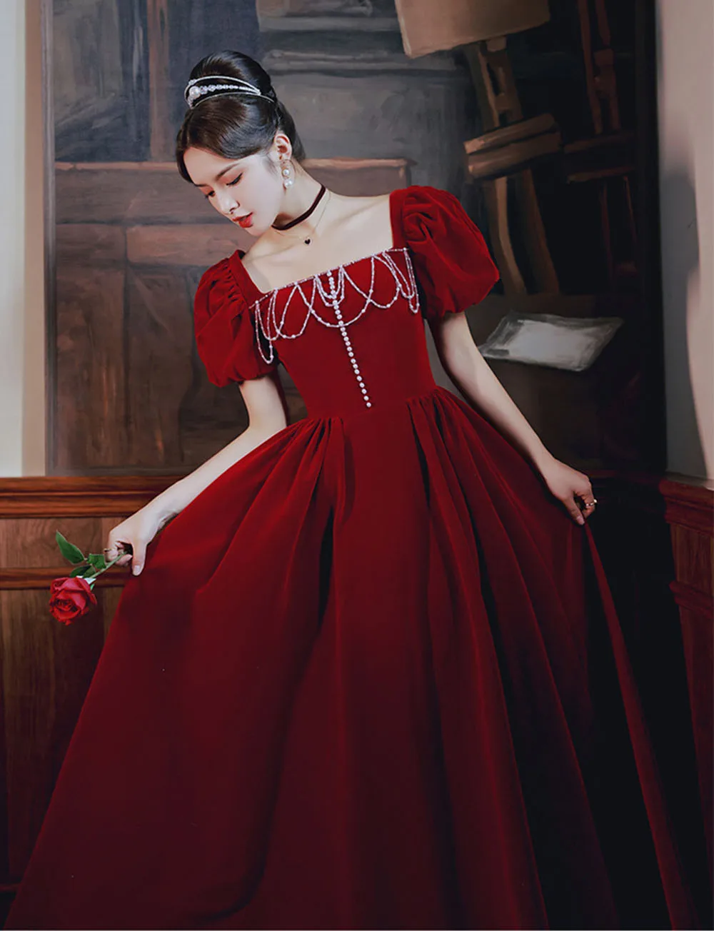 

Burgundy Gorgeous Suede Evening Gown Elegant Beaded Tassel Princess Bubble Sleeves Lace Up Prom Vesido A-Line Floor-Length Gown