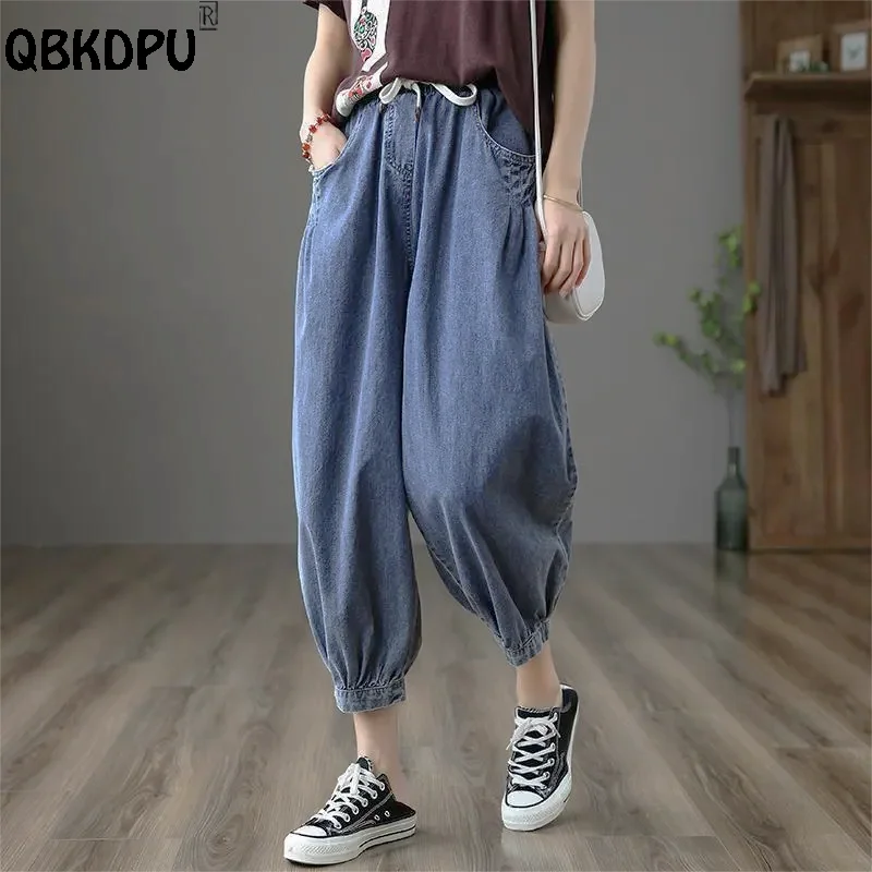 Casual Drawstring Baggy Jeans Women Ankle Length 83-87cm Elastic High Waist Vintage Denim Pants Blue Banded Harem Vaqueros Mujer